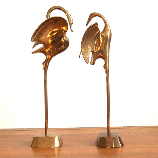 Vintage Brass Flamingos, Set of Two, Large Figurines, Statues
