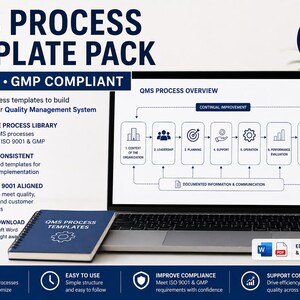 May include: A laptop displays a QMS process overview diagram, with a notebook and a blue mug on the table. The text reads "QMS Process Template Pack" and "ISO 9001 & GMP Compliant". The notebook says "QMS Process Templates".