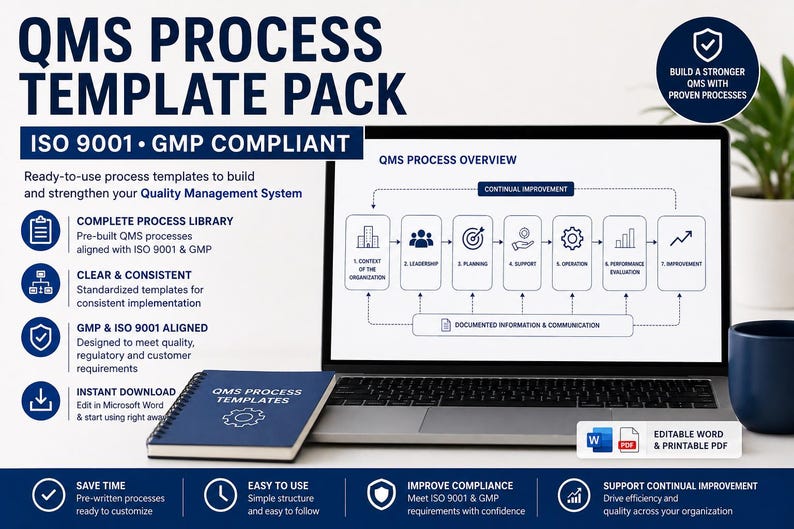 May include: A laptop displays a QMS process overview diagram, with a notebook and a blue mug on the table. The text reads "QMS Process Template Pack" and "ISO 9001 & GMP Compliant". The notebook says "QMS Process Templates".