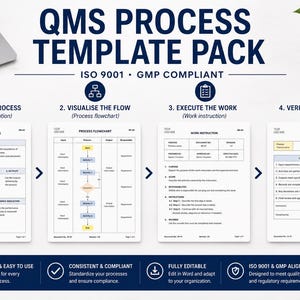 May include: A QMS Process Template Pack with the text "QMS PROCESS TEMPLATE PACK ISO 9001 GMP COMPLIANT". The image shows four steps: Define the Process, Visualize the Flow, Execute the Work, and Verify and Record. A laptop, plant, pen, and notepad are also visible.