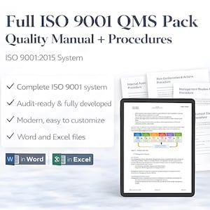 May include: Image of a Full ISO 9001 QMS Pack. The text includes "Quality Manual + Procedures" and "ISO 9001:2015 System." Features include a complete ISO 9001 system, audit-ready files, and modern, customizable Word and Excel files. A tablet displays a document.