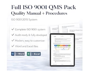 ISO 9001:2015 QMS | Quality Manual and Core Procedures (Word and Excel) (Digital Download)