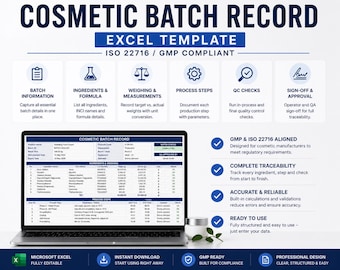 Cosmetic Batch Record | Excel | Soap Production Log | ISO 22716 / GMP | Manufacturing