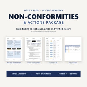 Non-Conformities & Actions System Pack | Modern QMS Templates | Deviations, CAPA, Root-Cause Analysis | ISO9001