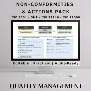 Puede incluir: Un monitor de computadora muestra un documento de gestión de calidad titulado "NON-CONFORMITIES & ACTIONS PACK". El documento incluye secciones para entrada, proceso y salida, con documentos adjuntos y detalles de seguimiento del rendimiento. El texto "Editable | Practical | Audit-Ready" es visible.