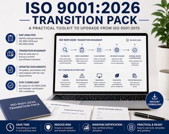 May include: A laptop displays the "ISO 9001:2026 Transition Pack" with a roadmap graphic. Accompanying documents and a pen are on the desk. The pack promises to upgrade from ISO 9001:2015, offering tools and templates for compliance and certification.