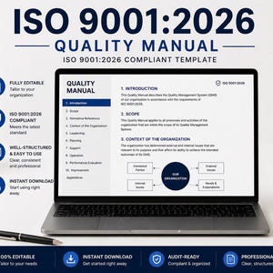 May include: A laptop displays an ISO 9001:2026 Quality Manual template. The screen shows a table of contents and a diagram of an organization's context. The laptop is on a white desk with a pen, a notepad, and small potted plants.