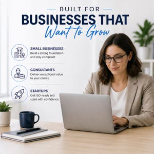 May include: A woman wearing glasses and a blazer works on a laptop at a wooden desk. Text reads "BUILT FOR BUSINESSES THAT Want to Grow." Icons and text describe services for small businesses, consultants, and startups.