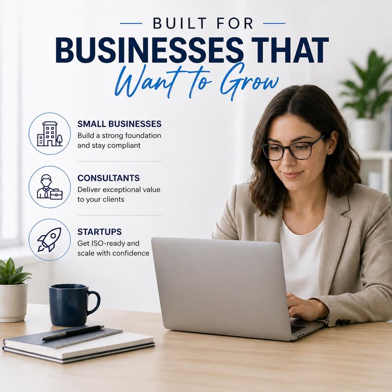 May include: A woman wearing glasses and a blazer works on a laptop at a wooden desk. Text reads "BUILT FOR BUSINESSES THAT Want to Grow." Icons and text describe services for small businesses, consultants, and startups.