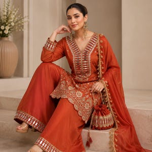 Cosmos Silk Kurta Set with Palazzo | Mirror Work Embroidered Ethnic Suit