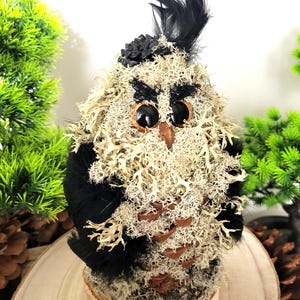 Pine Cone and Mossの白黒フクロウの置物、アートドール、ホームデコレーション