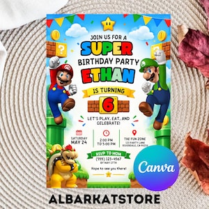 May include: A rectangular birthday party invitation featuring Mario, Luigi, and Bowser in a video game landscape. Text includes JOIN US FOR A SUPER BIRTHDAY PARTY ETHAN IS TURNING 6, date, time, location, and RSVP details with a Canva logo overlay.