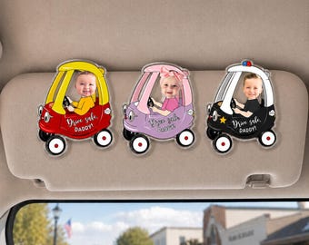 Custom Kids Photo Car Visor Clip: Personalized Fathers Day Gift for Dad, Drive Safe Daddy Visor Clip, Custom Baby Face Keychain, Papa Gifts
