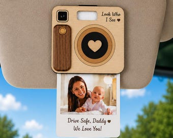 Personalized Car Visor Photo Clip, Custom Drive Safe Daddy Car Charm, Wood Camera Rear View Mirror Gift, Father's Day Gift From Kids