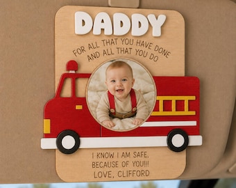 Personalized Firefighter Dad Car Visor Clip, Custom Baby Photo Gift for Daddy, Wooden Fire Truck Car Accessory, Father’s Day Gift for Dad