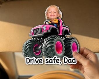 Father's Day Gifts, Drive Safe, Daddy, Papa, Mommy, Grandma - Custom Kids' Face Monster Truck - Personalized Car Visor Clip