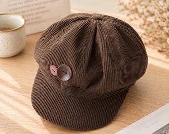 Vintage Corduroy Beret Hat, Korean Octagonal Cap - Hat for Women