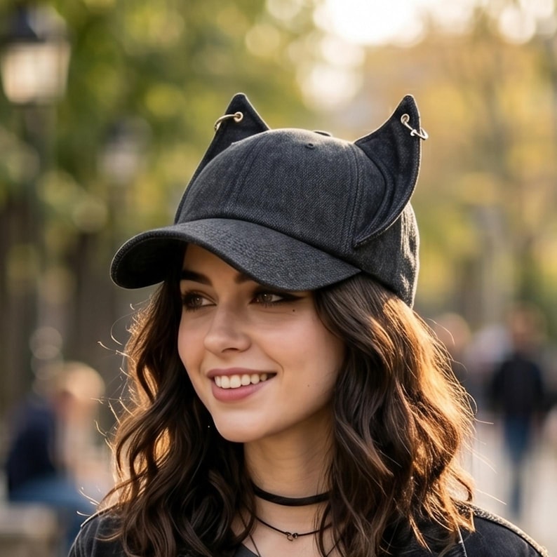 Puede incluir: Gorra de b&eacute;isbol gris oscuro con orejas de gato y peque&ntilde;os aros dorados. La gorra tiene una visera curva y est&aacute; hecha de una tela texturizada. Las orejas de gato est&aacute;n unidas a la parte superior de la gorra y se alzan.