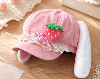 Cute Rabbit Ear Beret, Y2K Strawberry Newsboy Hat - Cap for Women