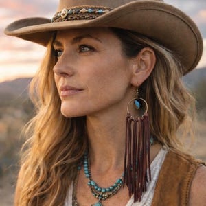 May include: A pair of dangle earrings featuring a circular gold-tone hoop, a single dark blue stone, and long brown leather fringe tassels. The earrings are worn with a multi-strand necklace of turquoise beads and a brown felt wide-brim hat.