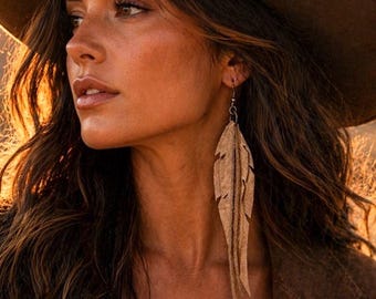 Leather Feather and fringe Earrings | Minimal Western Dangle Earrings | Boho Cowgirl Jewelry | Lightweight Handmade