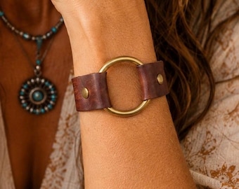 Classic leather cuff bracelet womens with brass ring |western cuff | boho jewelry | wide cuff | everyday wear cuff | western bracelet
