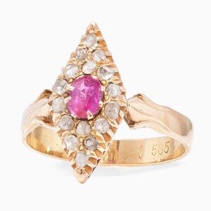 Antique Rose Gold Navette Ring with Ruby and Old Cut Diamonds