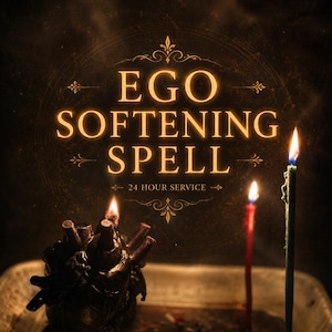 May include: An image with the text "EGO SOFTENING SPELL" and "24 HOUR SERVICE". A dark, heart-shaped candle is lit, along with two other candles. The background is a dark, mystical scene with a warm glow.