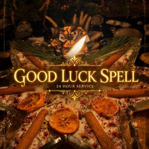 May include: A lit candle with a bright flame sits atop a decorative arrangement. The words "GOOD LUCK SPELL" are displayed in gold lettering, with "24 HOUR SERVICE" below. The arrangement includes cinnamon sticks, orange slices, and other natural elements.