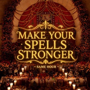 Pode incluir: Um altar com o texto "MAKE YOUR SPELLS STRONGER" em letras douradas. O altar é decorado com velas, flores e estatuetas. A imagem também inclui o texto "20+ YEARS EXPERIENCE".