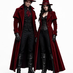 May include: Two individuals wearing matching deep red velvet long coats with wide lapels, paired with wide-brimmed red felt hats. Underneath, they wear black trousers, black leather gloves, and black boots. One wears a black vest and cravat.