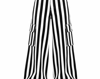 Black White Striped Gothic Cargo Pants Unisex Punk Harajuku Wide Leg Streetwear Trousers Alternative