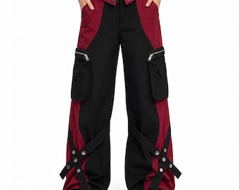 Pantalon cargo gothique noir rouge femme Y2K Techwear Streetwear à jambe large