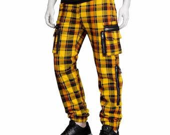 Men’s Yellow & Black Plaid Cargo Jogger Pants – Streetwear Multi-Pocket Tactical Style