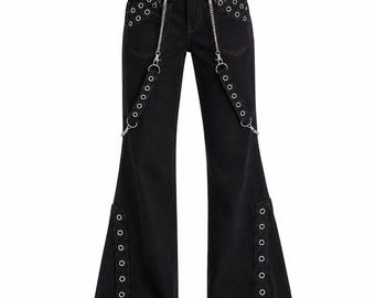Black Gothic Flare Pants Women Punk Chain Wide Leg Jeans Harajuku Streetwear
