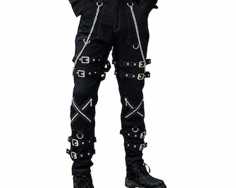 Pantalon noir à bretelles gothiques – Pantalon cyber punk à boucle | Pantalon streetwear alternatif