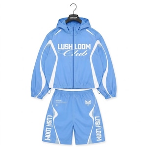 Himmelsblått unisex vindjacka med huva och shorts, kombinerat sportset