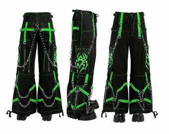 Handgemaakt aanpassen gotische zwarte cargobroek wijde pijpen ketting Streetwear groene spin