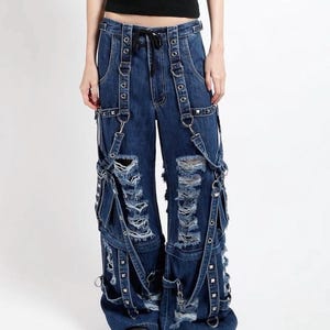 Spodnie jeansowe cargo z wieloma paskami i przetarciami | Styl uliczny i punkowy