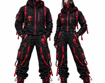 Gothic Tactical Jacket & Cargo Pants Set: Black Red Cyberpunk Streetwear (XS-4XL)