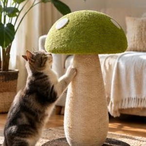 Op de afbeelding: Een paddenstoelvormige krabpaal voor katten met een groene hoed met witte stippen en een beige stam, beide omwikkeld met getextureerd sisaltouw, geplaatst op een ronde donkerbruine voet, met een cyperse kat die aan de stam krabt.