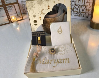 Personalized Prayer Mat, Islamic Gift Set, Yaseen Dua Book, Tasbih, Digital Counter & Kaaba Perfume