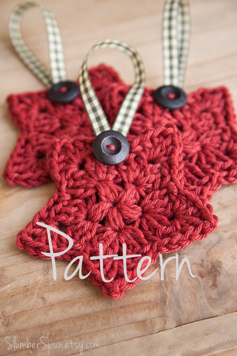 PATTERN ONLY Crochet Christmas Star, Christmas Ornament, Holiday Decor, Decoration, Wood Button, Plaid Red Ribbon image 3