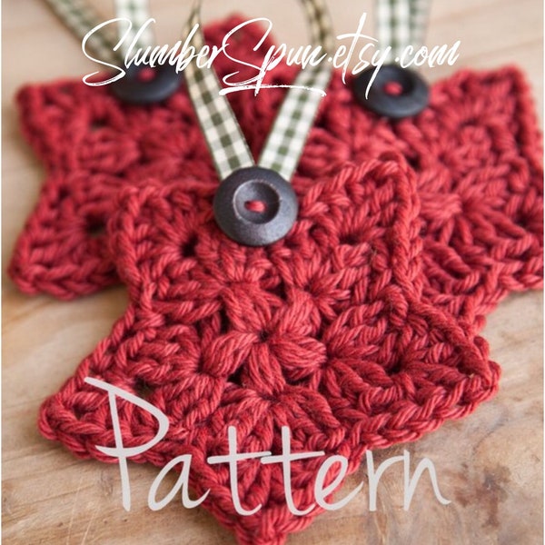 PATTERN ONLY Crochet Christmas Star, Christmas Ornament, Holiday Decor, Decoration, Wood Button, Plaid Red Ribbon