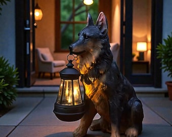 Estatua solar de perro con linterna - Escultura realista de resina - Decoración de jardín - Luz nocturna para cachorros, regalo para amantes de los perros - Regalo conmemorativo para mascotas