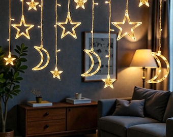 Cortina de luces de estrellas y lunas: luces de hadas a pilas de 3,5 m