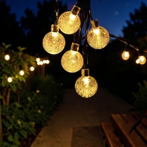May include: A string of warm white globe lights, ideal for outdoor decoration. The clear, textured globes emit a soft, inviting glow. The string is set against a dark backdrop of trees and a wooden bench.