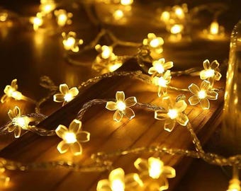 Guirnalda de luces LED con forma de flor de cerezo, RGB, color blanco cálido, alimentada por USB