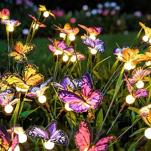 Puede incluir: Una colección de luces de jardín con forma de mariposa de colores. Las mariposas tienen varios diseños de alas en tonos de amarillo, naranja, rosa y morado. Cada mariposa está montada en una estaca con una pequeña luz redonda.