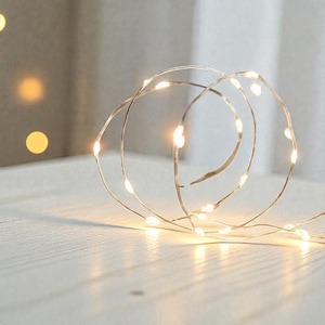 May include: A coiled string of warm white LED fairy lights. The lights are on a thin, flexible wire, creating a delicate and elegant appearance. The lights are arranged in a circular pattern, suggesting a decorative or ambient lighting application.